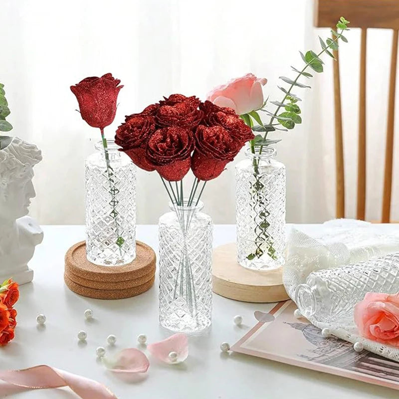 6Pcs 27cm Silk Red Glitter Artificial Rose Flowers Fake Bouquet for Home Room Wedding Decoration Valentines Day Gift Accessories