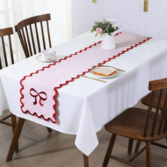 1PC Elegant Pink Table Runner with Red Bow Embroidery & Wave Edge Festive Table Decor for Wedding Valentine's Day Mother's Day