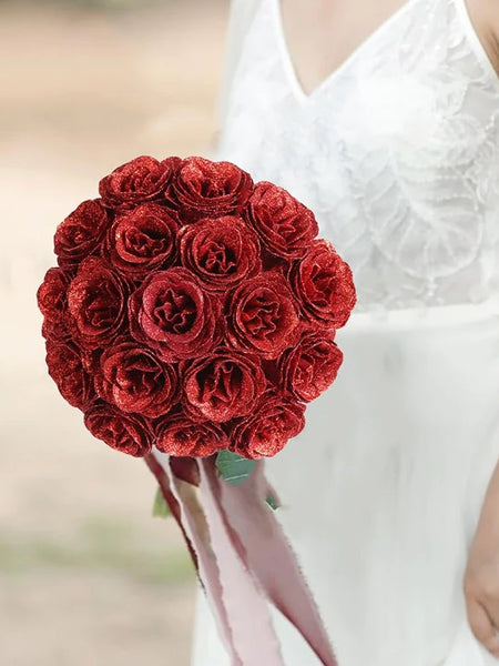 6Pcs 27cm Silk Red Glitter Artificial Rose Flowers Fake Bouquet for Home Room Wedding Decoration Valentines Day Gift Accessories