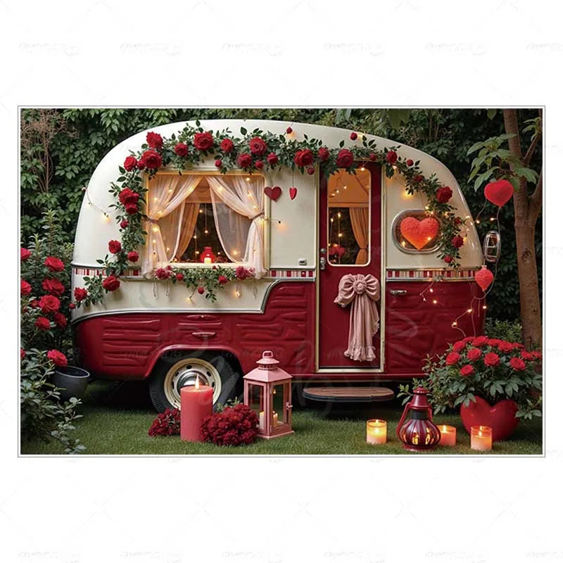 MOON.QG February 14 Decoration Backdrop Red Pink Car Rose Wreath Valentines Day Photo Background Photocall Poster Wallpaper