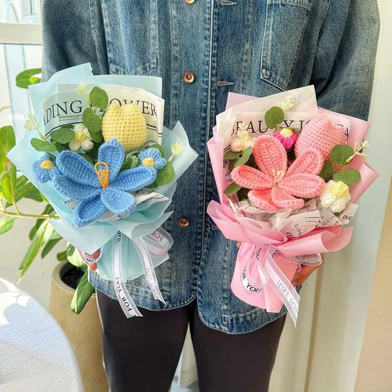 Knitted Flower Bouquet Handmade Crochet Flower Bouquet Mother's Day Gift Finished Hand-woven Flower Birthday Valentines Day Gift