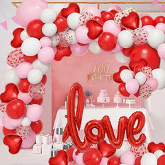 128Pcs Valentine's Day Red and Pink Heart-Shaped Foil Balloon Garland Arch Set, with Love-Shaped Balloons, Suitable for Birthday and Wedding Party Decorations