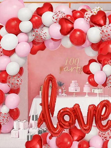 128Pcs Valentine's Day Red and Pink Heart-Shaped Foil Balloon Garland Arch Set, with Love-Shaped Balloons, Suitable for Birthday and Wedding Party Decorations