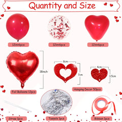 Red Heart Balloons Set, 30Pcs Heart Shaped Balloons and 50Pcs Red Hanging Streamer for Valentines Decorations, Proposal, Wedding