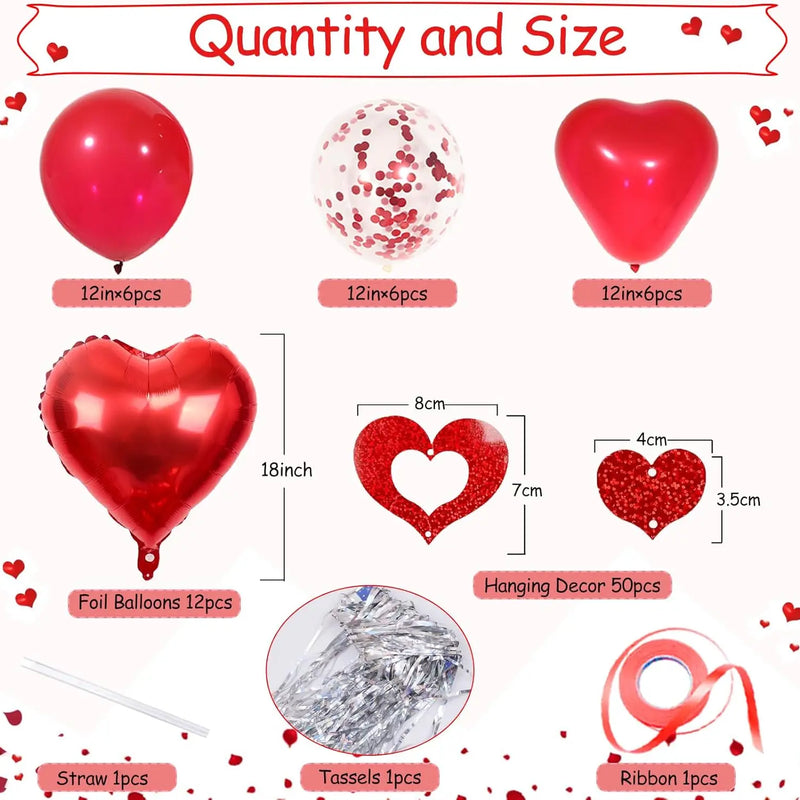 Red Heart Balloons Set, 30Pcs Heart Shaped Balloons and 50Pcs Red Hanging Streamer for Valentines Decorations, Proposal, Wedding
