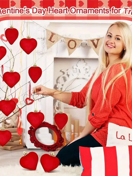 12 velvet heart-shaped hanging decorations, suitable for Valentine's Day tree decoration and wedding anniversary celebrations