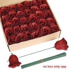 6Pcs 27cm Silk Red Glitter Artificial Rose Flowers Fake Bouquet for Home Room Wedding Decoration Valentines Day Gift Accessories