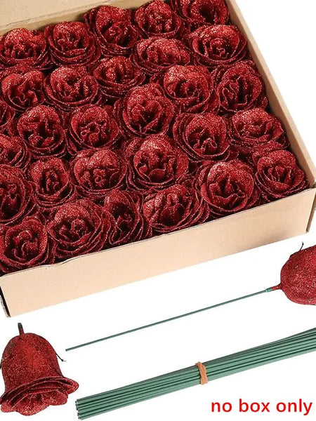 6Pcs 27cm Silk Red Glitter Artificial Rose Flowers Fake Bouquet for Home Room Wedding Decoration Valentines Day Gift Accessories