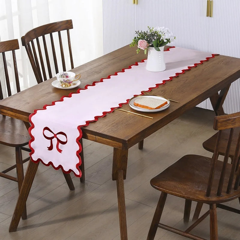 1PC Elegant Pink Table Runner with Red Bow Embroidery & Wave Edge Festive Table Decor for Wedding Valentine's Day Mother's Day