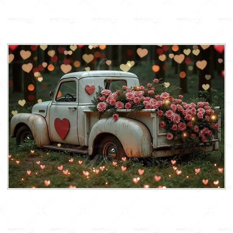 MOON.QG February 14 Decoration Backdrop Red Pink Car Rose Wreath Valentines Day Photo Background Photocall Poster Wallpaper