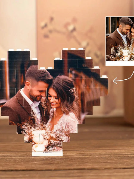 Custom Heart Photo Building Blocks with Stand - Personalized Valentine Gift for Couples, Compatible 4K UV Printed