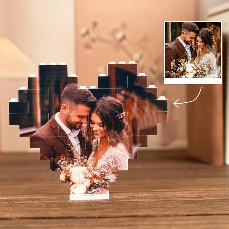 Custom Heart Photo Building Blocks with Stand - Personalized Valentine Gift for Couples, Compatible 4K UV Printed