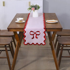 1PC Elegant Pink Table Runner with Red Bow Embroidery & Wave Edge Festive Table Decor for Wedding Valentine's Day Mother's Day