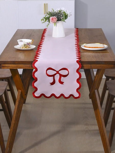 1PC Elegant Pink Table Runner with Red Bow Embroidery & Wave Edge Festive Table Decor for Wedding Valentine's Day Mother's Day
