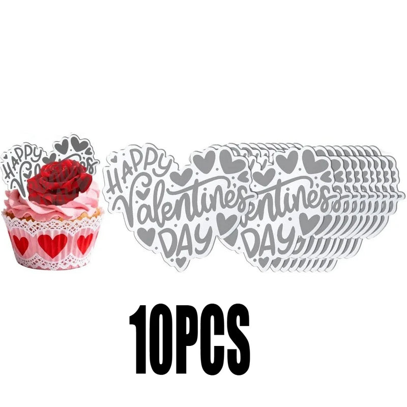 10pcs Romance Acrylic Heart Gold Valentines Cake Topper for Party Decor Supplies Baking Decorating Tool