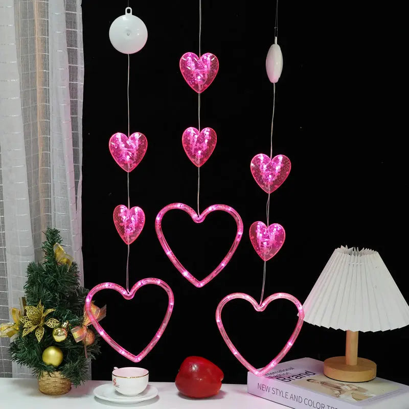 Valentines Day Decor Window Led Lights Decorations with Timer Hanging Red Lighted Heart Shaped Silhouette Sucker