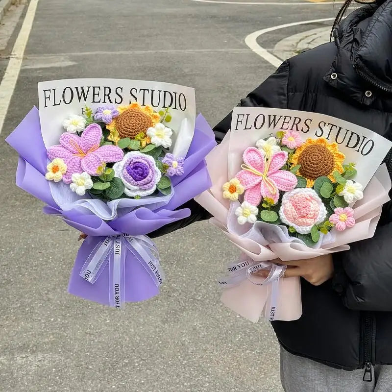 Knitted Flower Bouquet Handmade Crochet Flower Bouquet Mother's Day Gift Finished Hand-woven Flower Birthday Valentines Day Gift