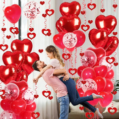 Red Heart Balloons Set, 30Pcs Heart Shaped Balloons and 50Pcs Red Hanging Streamer for Valentines Decorations, Proposal, Wedding