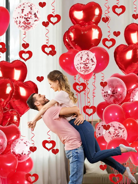 Red Heart Balloons Set, 30Pcs Heart Shaped Balloons and 50Pcs Red Hanging Streamer for Valentines Decorations, Proposal, Wedding