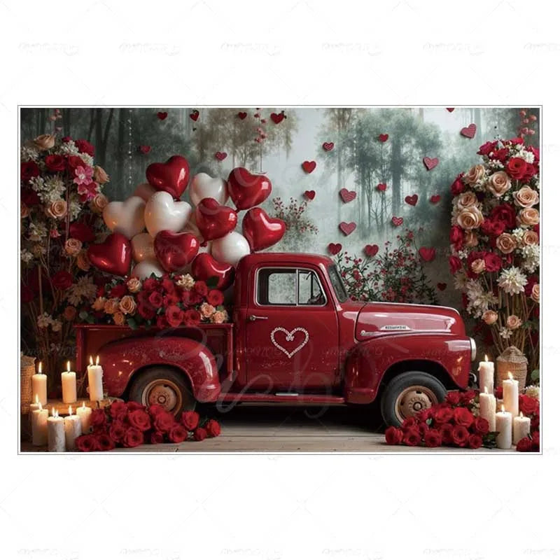 MOON.QG February 14 Decoration Backdrop Red Pink Car Rose Wreath Valentines Day Photo Background Photocall Poster Wallpaper