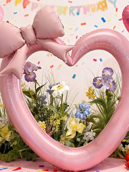 Pink hollow heart-shaped aluminum foil balloons and bow balloons, used for birthday parties, Valentine's Day, shower decorations