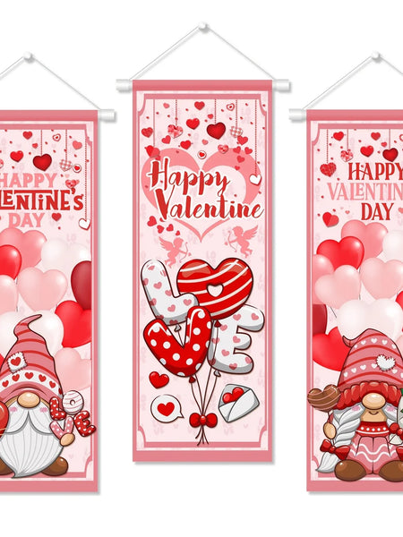 Valentine's Day Decorations Romantic Happy Valentine's Day Stretching Posters 3 Pcs Valentines Day Red and Pink Gnome Sign Backd