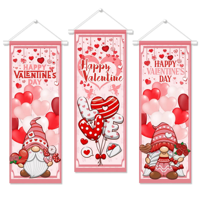 Valentine's Day Decorations Romantic Happy Valentine's Day Stretching Posters 3 Pcs Valentines Day Red and Pink Gnome Sign Backd