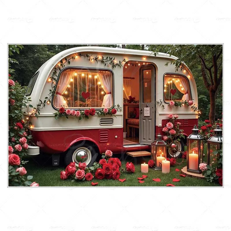 MOON.QG February 14 Decoration Backdrop Red Pink Car Rose Wreath Valentines Day Photo Background Photocall Poster Wallpaper