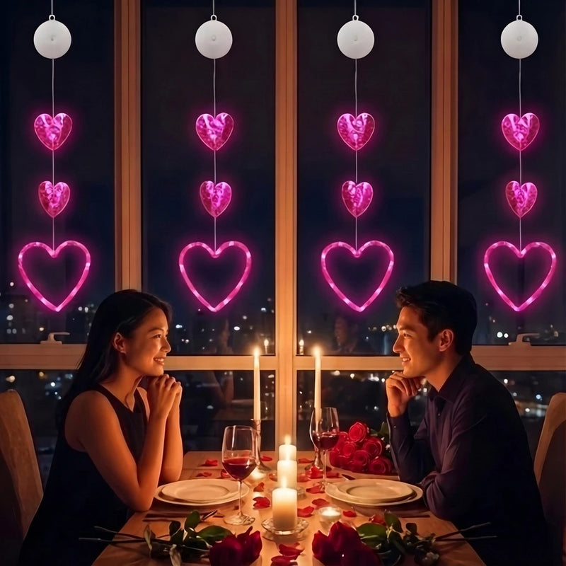 Valentines Day Decor Window Led Lights Decorations with Timer Hanging Red Lighted Heart Shaped Silhouette Sucker