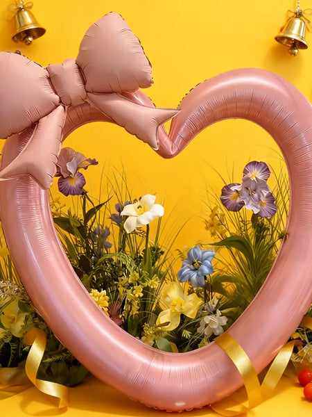 Pink hollow heart-shaped aluminum foil balloons and bow balloons, used for birthday parties, Valentine's Day, shower decorations