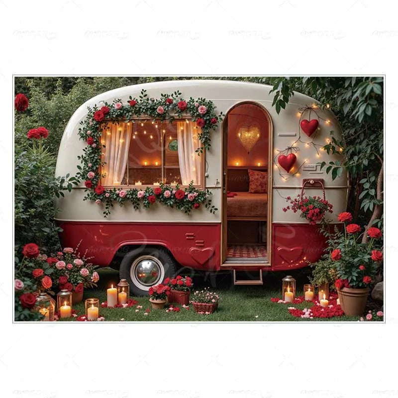 MOON.QG February 14 Decoration Backdrop Red Pink Car Rose Wreath Valentines Day Photo Background Photocall Poster Wallpaper