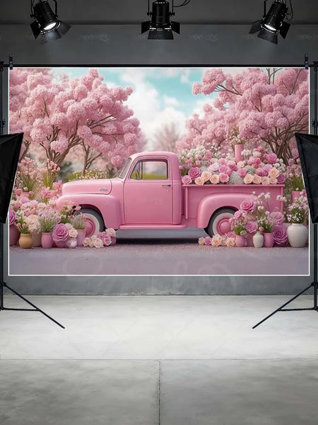 MOON.QG February 14 Decoration Backdrop Red Pink Car Rose Wreath Valentines Day Photo Background Photocall Poster Wallpaper