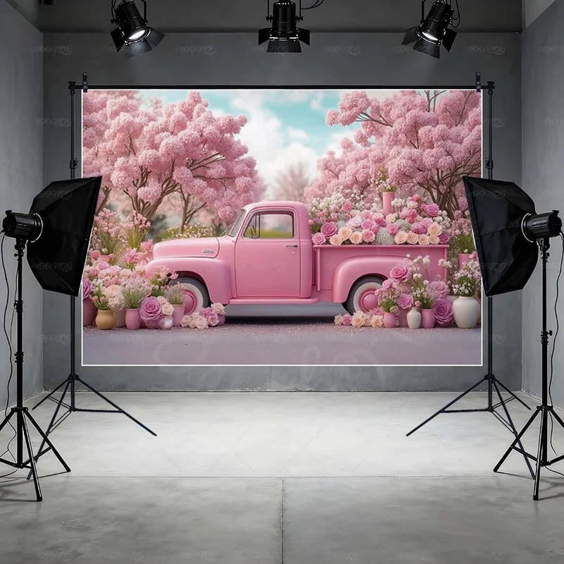 MOON.QG February 14 Decoration Backdrop Red Pink Car Rose Wreath Valentines Day Photo Background Photocall Poster Wallpaper