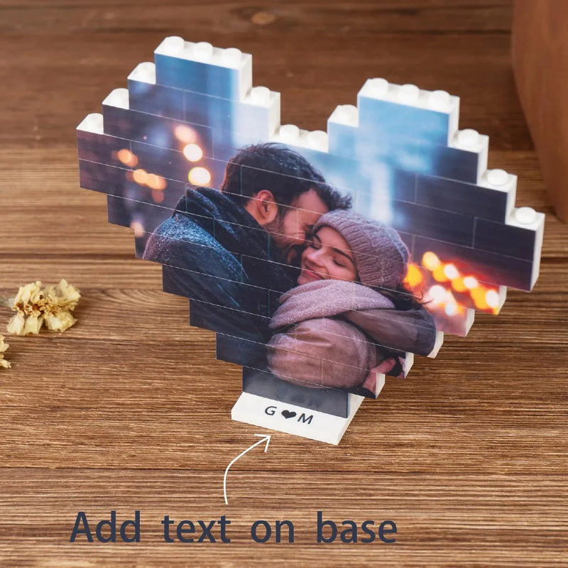 Custom Heart Photo Building Blocks with Stand - Personalized Valentine Gift for Couples, Compatible 4K UV Printed