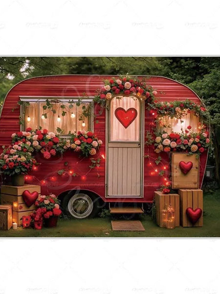 MOON.QG February 14 Decoration Backdrop Red Pink Car Rose Wreath Valentines Day Photo Background Photocall Poster Wallpaper