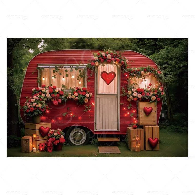 MOON.QG February 14 Decoration Backdrop Red Pink Car Rose Wreath Valentines Day Photo Background Photocall Poster Wallpaper