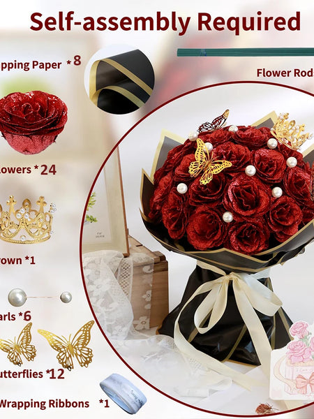 12/24pcs Red Glitter Roses Bouquet DIY Gift Set Everlasting Shiny Artificial Rose for Valentines  Anniversary Engagement Wedding