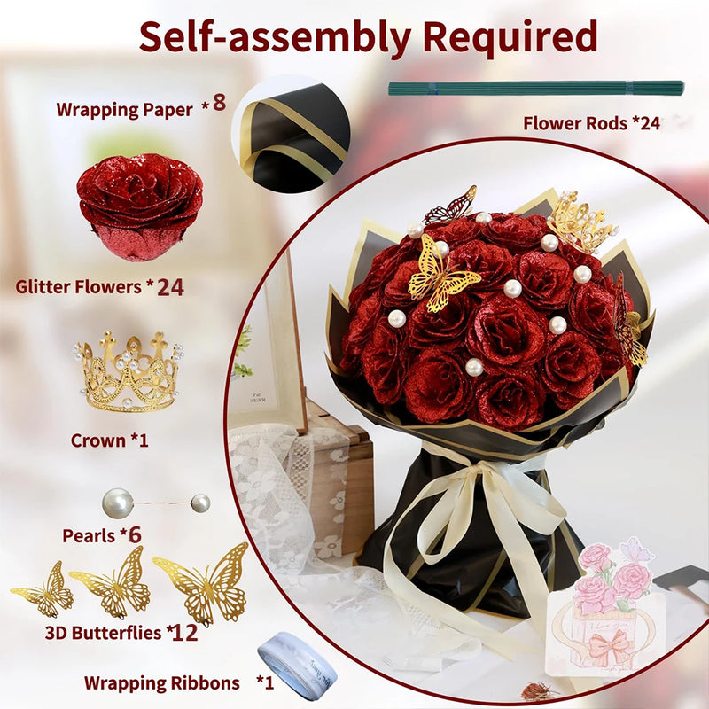 12/24pcs Red Glitter Roses Bouquet DIY Gift Set Everlasting Shiny Artificial Rose for Valentines  Anniversary Engagement Wedding