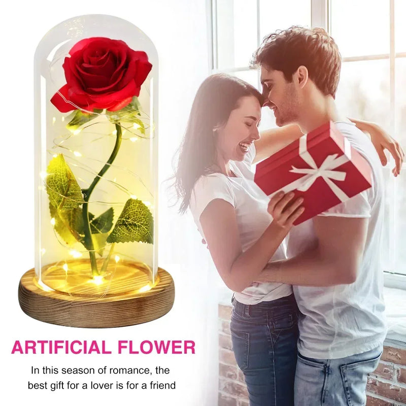Acrylic Dome Eternal Rose Artificial Flowers Gift for Valentine Wedding Birthday Home Decor Room Desk Decorations Fake Flowers