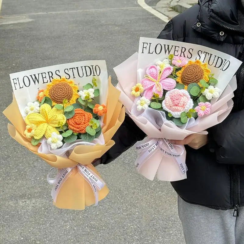 Knitted Flower Bouquet Handmade Crochet Flower Bouquet Mother's Day Gift Finished Hand-woven Flower Birthday Valentines Day Gift
