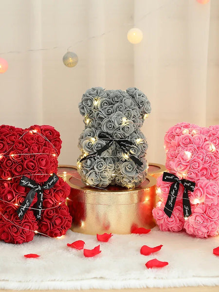 25cm Artificial Teddy Rose Flower Bear with Box Romantic Valentines Day Gift Girlfriend Women Anniversary Wedding Party Supplies