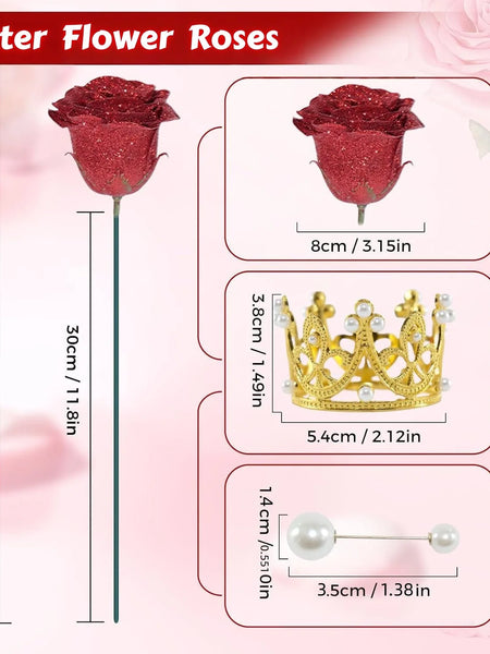 12/24pcs Red Glitter Roses Bouquet DIY Gift Set Everlasting Shiny Artificial Rose for Valentines  Anniversary Engagement Wedding