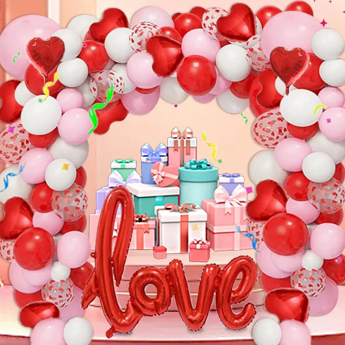 128Pcs Valentine's Day Red and Pink Heart-Shaped Foil Balloon Garland Arch Set, with Love-Shaped Balloons, Suitable for Birthday and Wedding Party Decorations