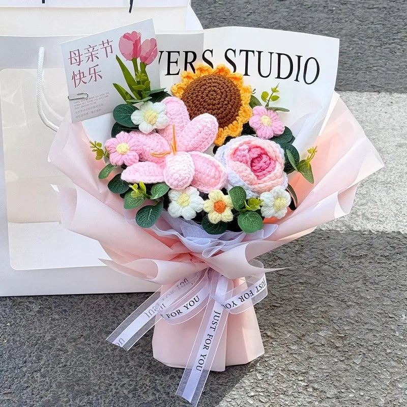 Knitted Flower Bouquet Handmade Crochet Flower Bouquet Mother's Day Gift Finished Hand-woven Flower Birthday Valentines Day Gift