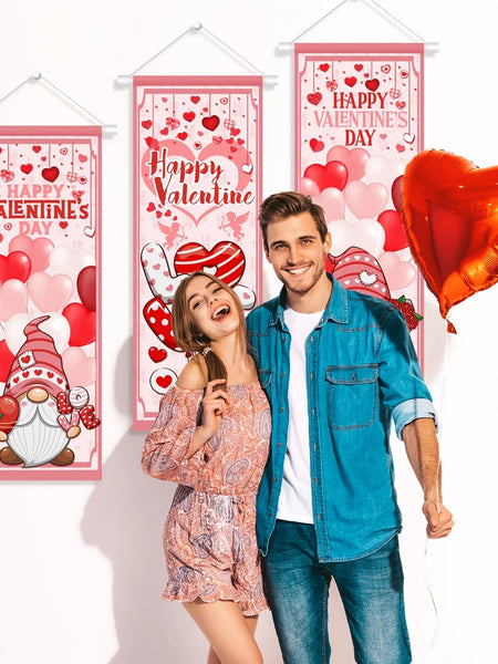 Valentine's Day Decorations Romantic Happy Valentine's Day Stretching Posters 3 Pcs Valentines Day Red and Pink Gnome Sign Backd