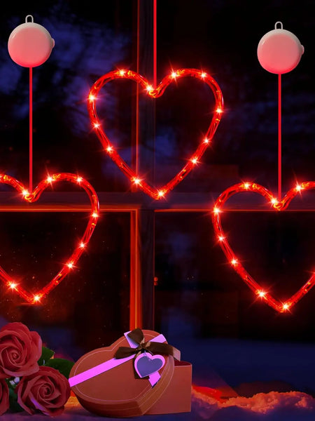 Valentines Day Decor Window Led Lights Decorations with Timer Hanging Red Lighted Heart Shaped Silhouette Sucker