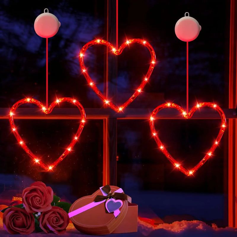 Valentines Day Decor Window Led Lights Decorations with Timer Hanging Red Lighted Heart Shaped Silhouette Sucker