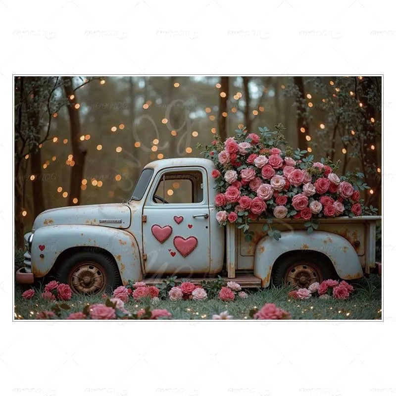 MOON.QG February 14 Decoration Backdrop Red Pink Car Rose Wreath Valentines Day Photo Background Photocall Poster Wallpaper