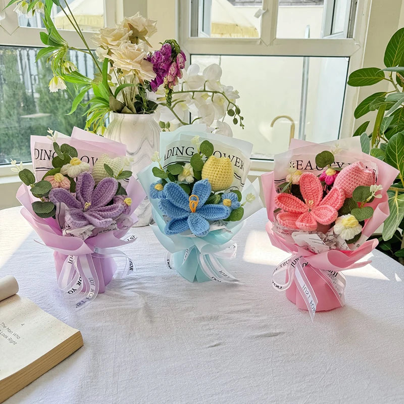 Knitted Flower Bouquet Handmade Crochet Flower Bouquet Mother's Day Gift Finished Hand-woven Flower Birthday Valentines Day Gift