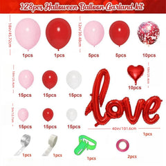 128Pcs Valentine's Day Red and Pink Heart-Shaped Foil Balloon Garland Arch Set, with Love-Shaped Balloons, Suitable for Birthday and Wedding Party Decorations